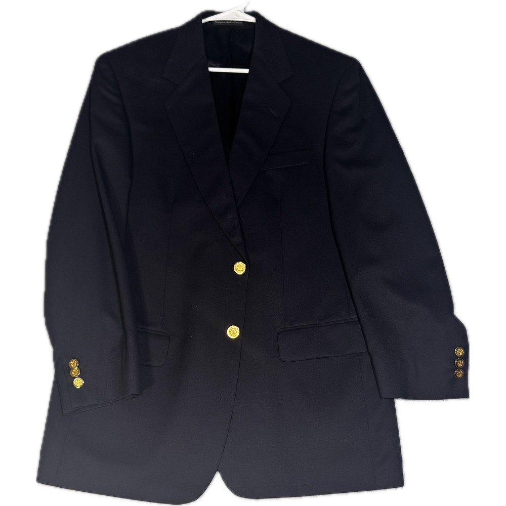 Botany 500 Mens Navy Blue Pure Wool Blazer Gold Crest Buttons 39R Made in Canada